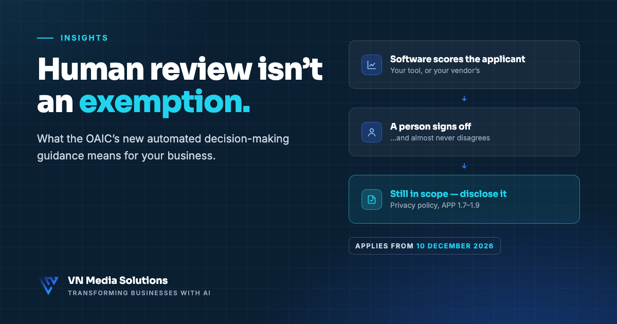 Human review isn't an exemption — software scores an applicant, a person signs off but rarely disagrees, and the decision is still in scope for disclosure under the OAIC's automated decision-making guidance from 10 December 2026